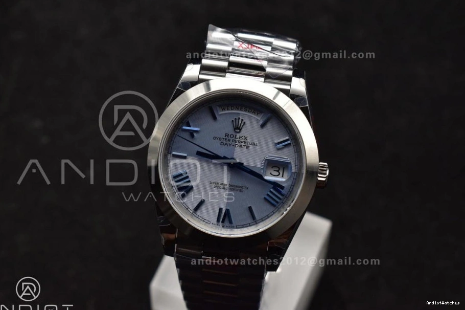 On President Steel Trendsetting Bracelet 40 A3255 GMF 703 V Dial Weighted Markers Tungsten Roman DayDate 904L Blue 0826